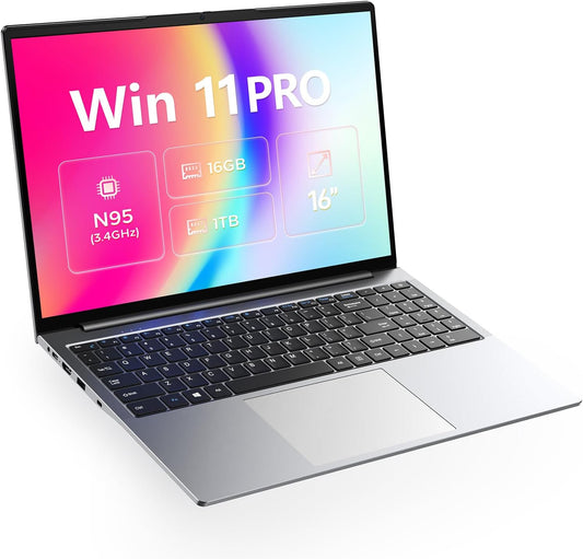 OTVOC Laptop 16 inch, Windows 11 Pro, 12th-gen N95, Quad Core, Up to 3.4GHz, 16GB DDR5 RAM, 1TB PCIe NVME SSD, 16" FHD IPS 1920x1200, 2.0MP, 2.4G+5G WiFi, BT 5.0, HDMI, RJ45, Type C, Gray