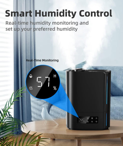 6L Ultrasonic Cool Mist Humidifier with Humidistat Control, Top Fill Design, Quiet Bedroom Operation, Essential Oil Diffuser, Auto Shut-Off, 60-Hour Runtime (Black) - PuriLite