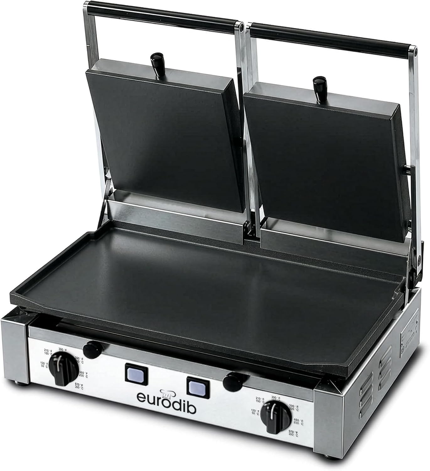 eurodib Commercial Double Panini Grill, All Flat Plates, 220V – PDF3000220 | Dual heating elements, adjustable thermostat to 572°F, self-balancing top plate, front grease drawer