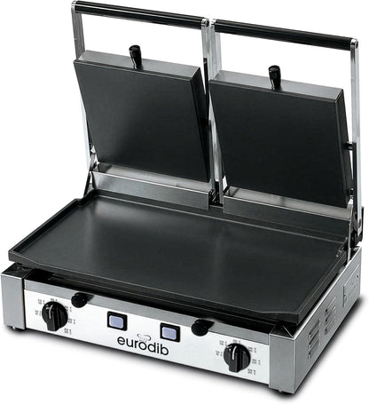 eurodib Commercial Double Panini Grill, All Flat Plates, 220V – PDF3000220 | Dual heating elements, adjustable thermostat to 572°F, self-balancing top plate, front grease drawer