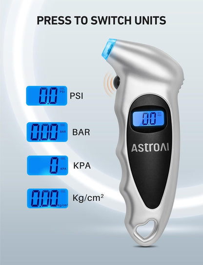 AstroAI Digital Tire Pressure Gauge with Replaceable AAA Batteries, 150 PSI 4 Settings Industrial Tire Gauge for Car Truck Bicycle Backlit LCD Non-Slip Grip Car Accessories(Black)