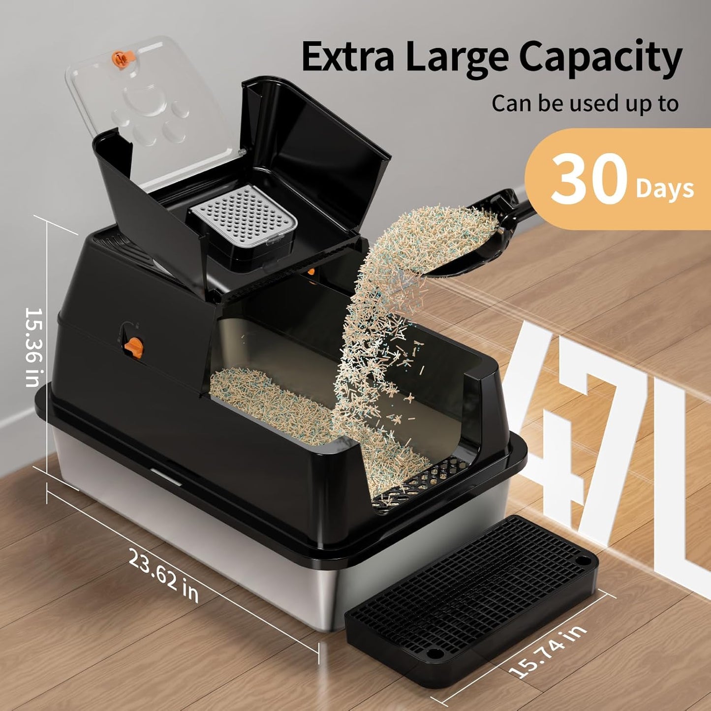 Eosarcu Stainless Steel Cat Litter Box with Lid, 180° Flip-Top XL Extra Large Enclosed Litter Box, Covered Metal High Sided Litter Pan with Steps & Scoop, Easy Cleaning, Odor Control,Non-Sticky-Black