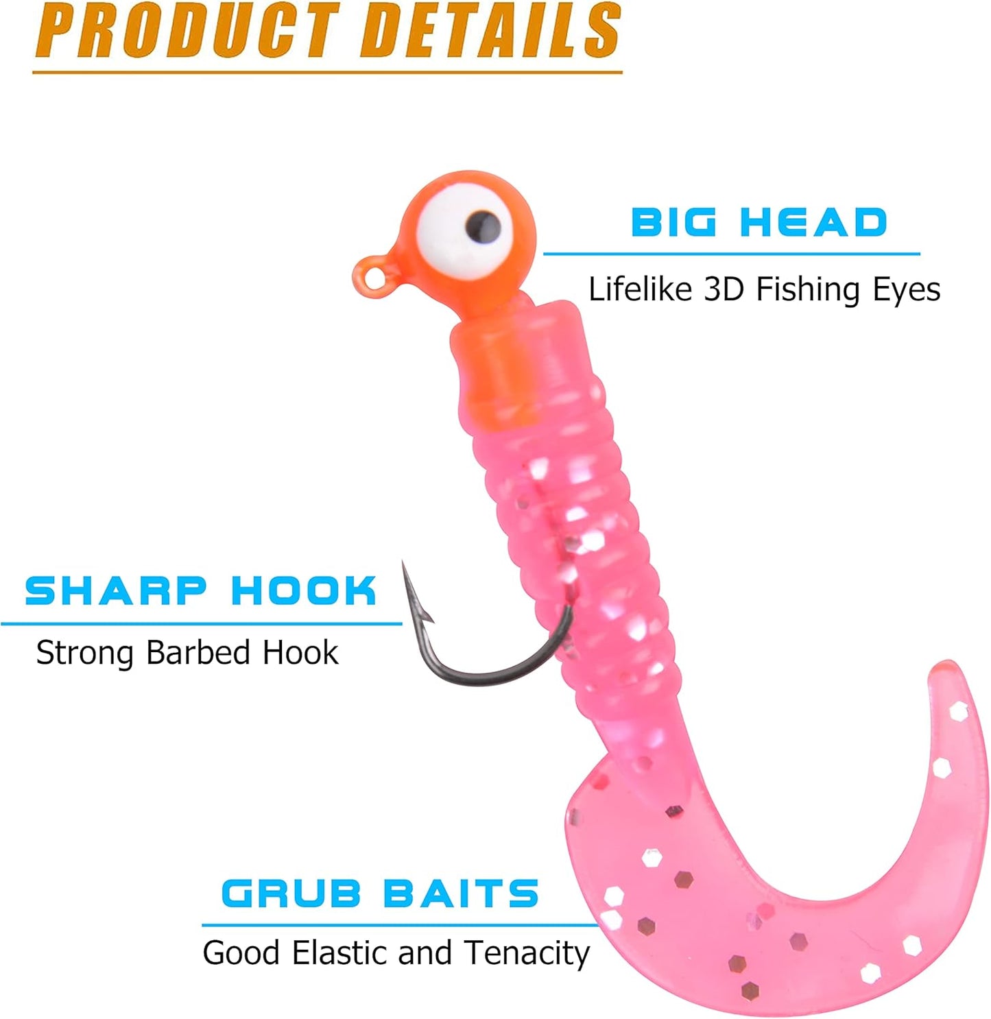 Soft Lures Fishing Jigs Kit, Worm Grub Fishing Lures Jig Head Hooks Kit Grubs Bait Jig Heads Soft Plastic Bait Crappie Jigs Tubes Baits Curved Tail Lure Fishing Lures Kit for Walleye Bass Trout