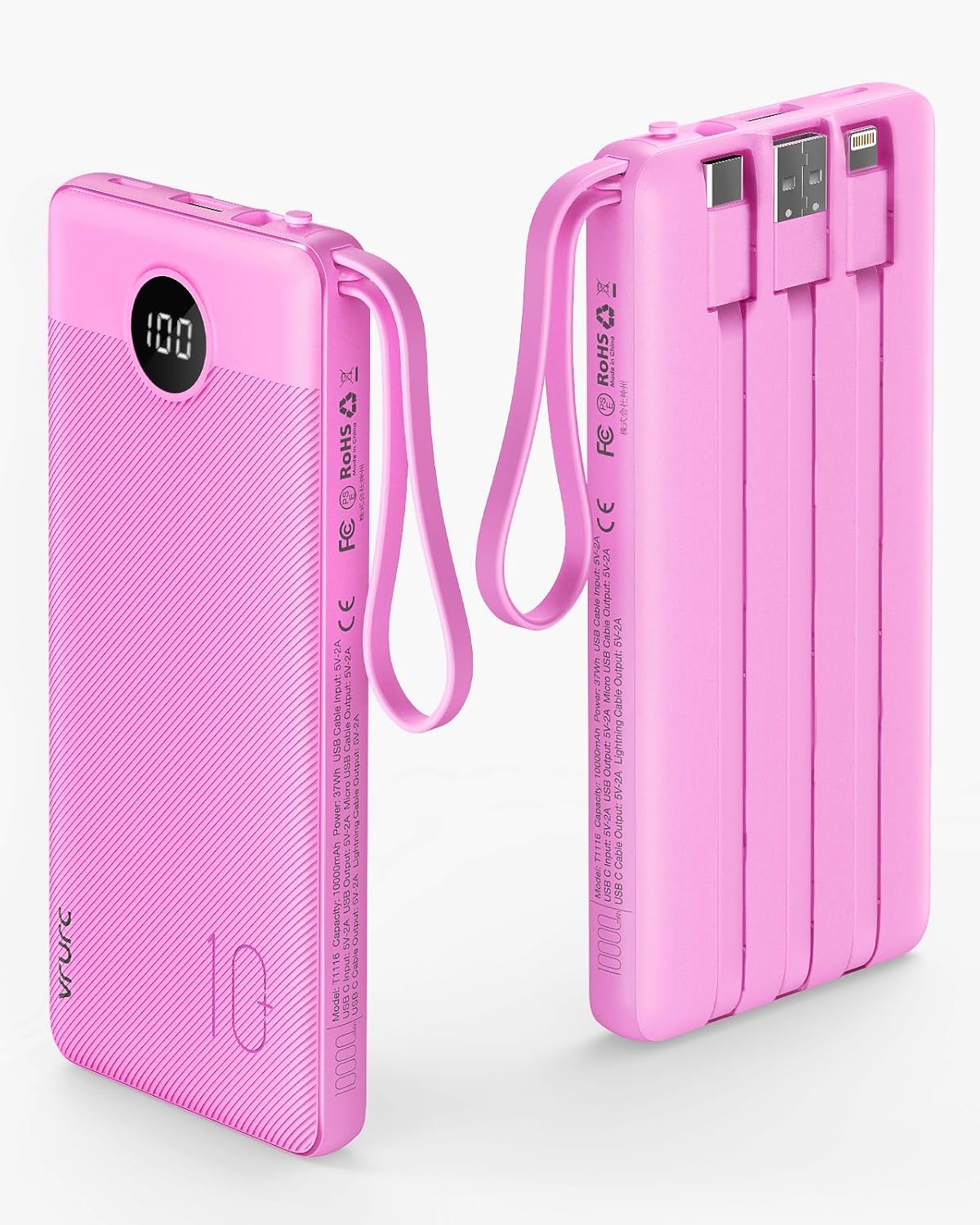 VRURC 10000mAh Power Bank Built-in Cables, Portable Charger with LED Display, Slim Intelligent Travel Battery Pack with Cords, 5 Output Dual Input Phone Charger for Cell Phone Smart Devcies-Blue