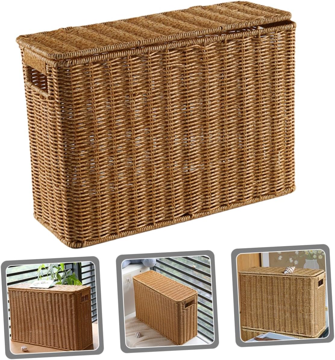 Narrow Wicker Storage Basket | Plastic Rattan Organizer | Rectangular Storage Box with Lid | Home Organization Basket | Lightweight Storage Container - PuriLite