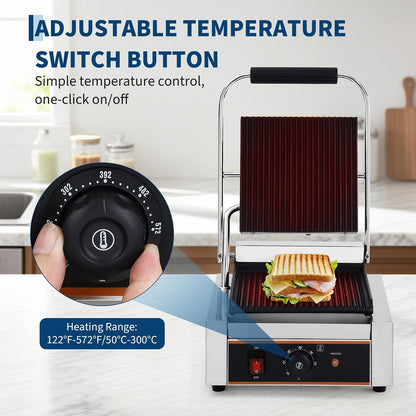 1800W Commercial Panini Press Grill - Stainless Steel Sandwich Maker - 9"x9" Full Grooved Surface - 6 Temp Settings - Ideal for Burgers, Steaks, Cafés - 110V, American Plug - Size: 6-Level