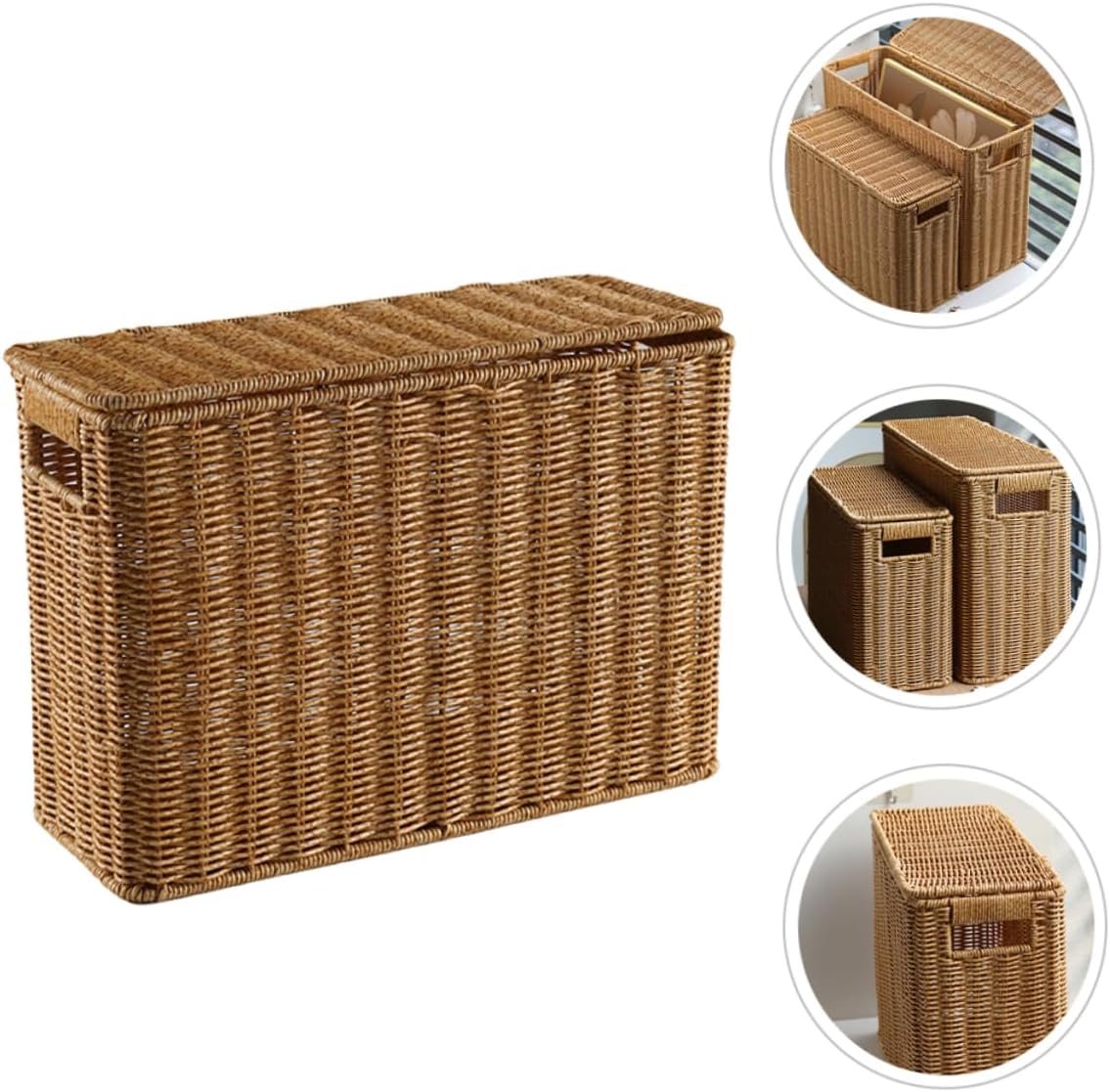 Narrow Wicker Storage Basket | Plastic Rattan Organizer | Rectangular Storage Box with Lid | Home Organization Basket | Lightweight Storage Container - PuriLite