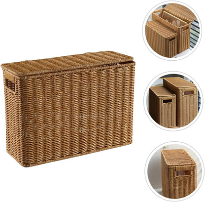Narrow Wicker Storage Basket | Plastic Rattan Organizer | Rectangular Storage Box with Lid | Home Organization Basket | Lightweight Storage Container - PuriLite