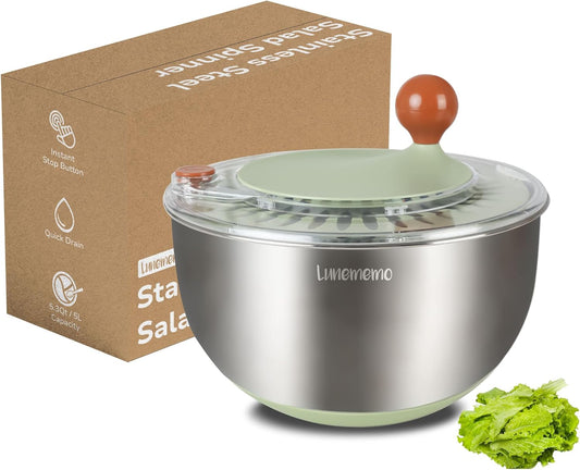 Lunememo Stainless Steel Salad Spinner, Lettuce Spinner with Drain, Non-Slip Base, Stop Button, Vegetable Dryer, BPA Free, 5L