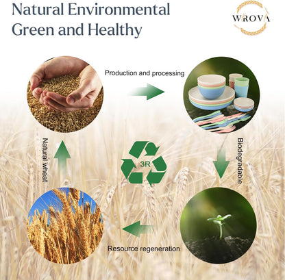 Wrova wheat straw bowls,plates,cups and cutlery sets 28 pcs - Reusable plastic dinnerware sets microwave safe and dishwasher safe - Ideal dish sets for kitchen, camping, indoors and out doors.Nordic