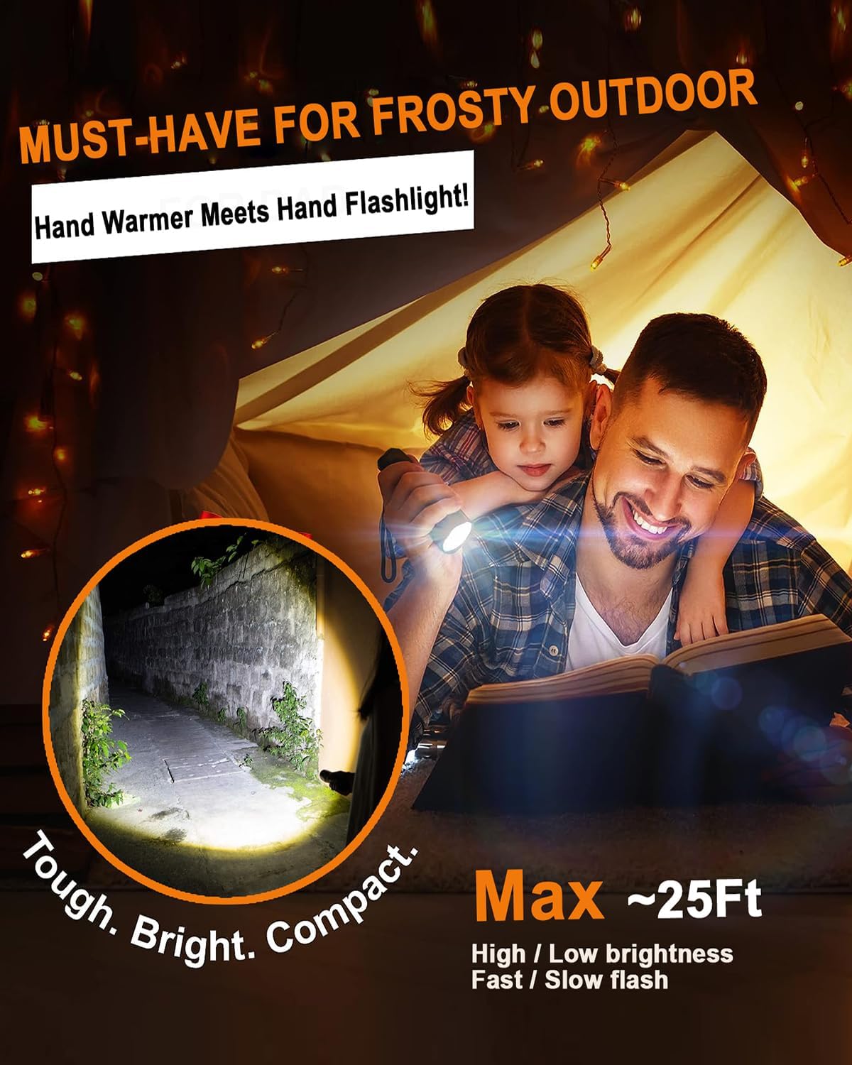 Veeool Rechargeable Hand Warmers 5000mAh (2 Pack) – Magnetic Electric Hand Warmer with Flashlight, 3 Heat Levels, Fast Heating Pocket Heater for Outdoor Camping, Hiking, Hunting, Golf, Football – Compact, Orange - PuriLite
