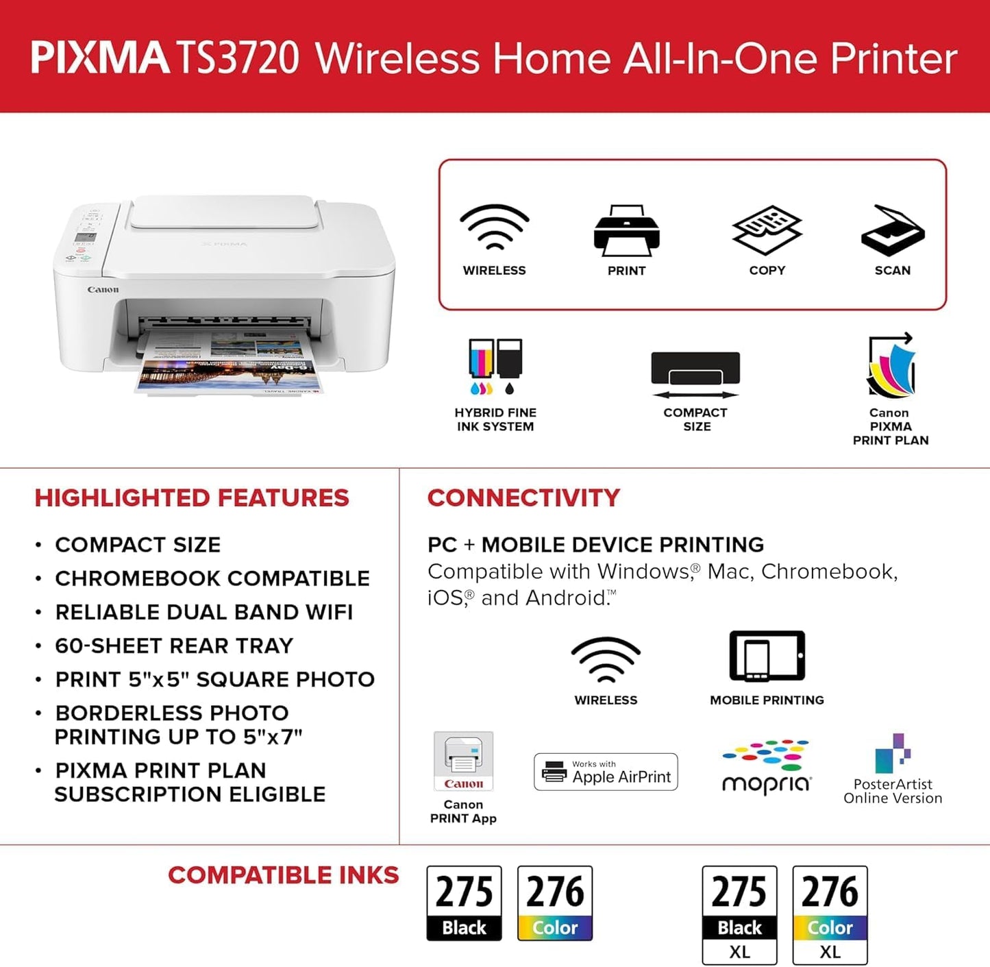 Canon PIXMA TS3720 Wireless All-in-One Printer - White