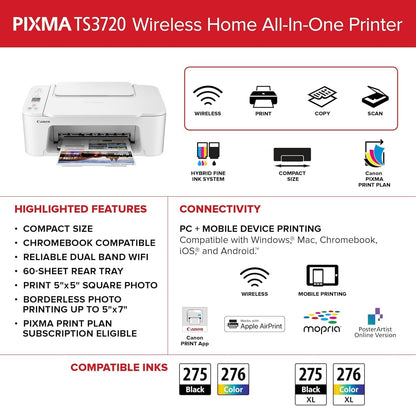 Canon PIXMA TS3720 Wireless All-in-One Printer - White