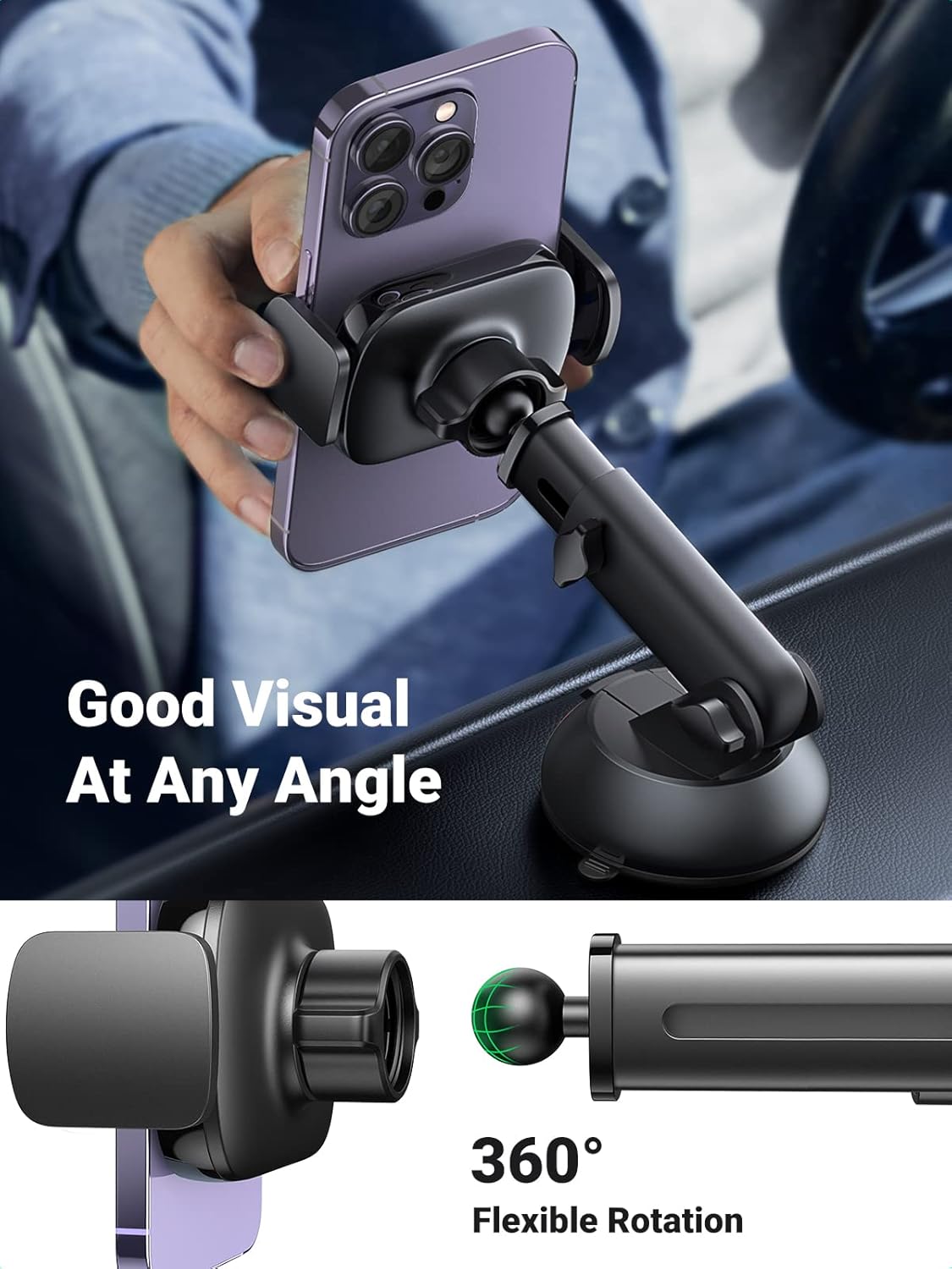 UGREEN Car Phone Holder Dashboard Windshield, Strong Suction Car Phone Mount 360 Degree Rotation Long Arm, Cell Phone Holder Car for iPhone 14 Pro Max 13 Pro Max 12 Pro Max, Galaxy S23 S22, Pixel 4 XL