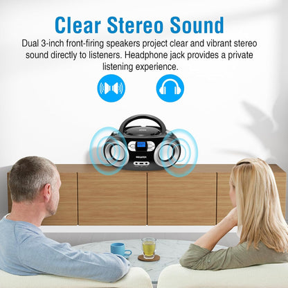 MEGATEK Portable CD Player Boombox with FM Radio, Bluetooth, USB Port, AUX Input, and Headphone Jack – CD-R/CD-RW/MP3-CD Compatible, Clear Stereo Sound, Backlit LCD Display – Black