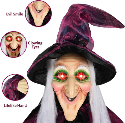 AYOGU 71" Life Size Hanging Talking Witch Halloween Decor, Evil Witch, Sound Activation and Red Eye for Outdoor & Indoor, Halloween Decoration Realistic Creepy Party Decor - PuriLite