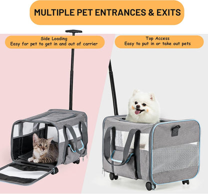 UNICITII Pets Carrier for Small Cat, Dog Medium Cats Puppies up to 20 Lbs, Airline Approved Carrier Soft Sided, Collapsible Travel Puppy Carrier (Grey-with Wheels)