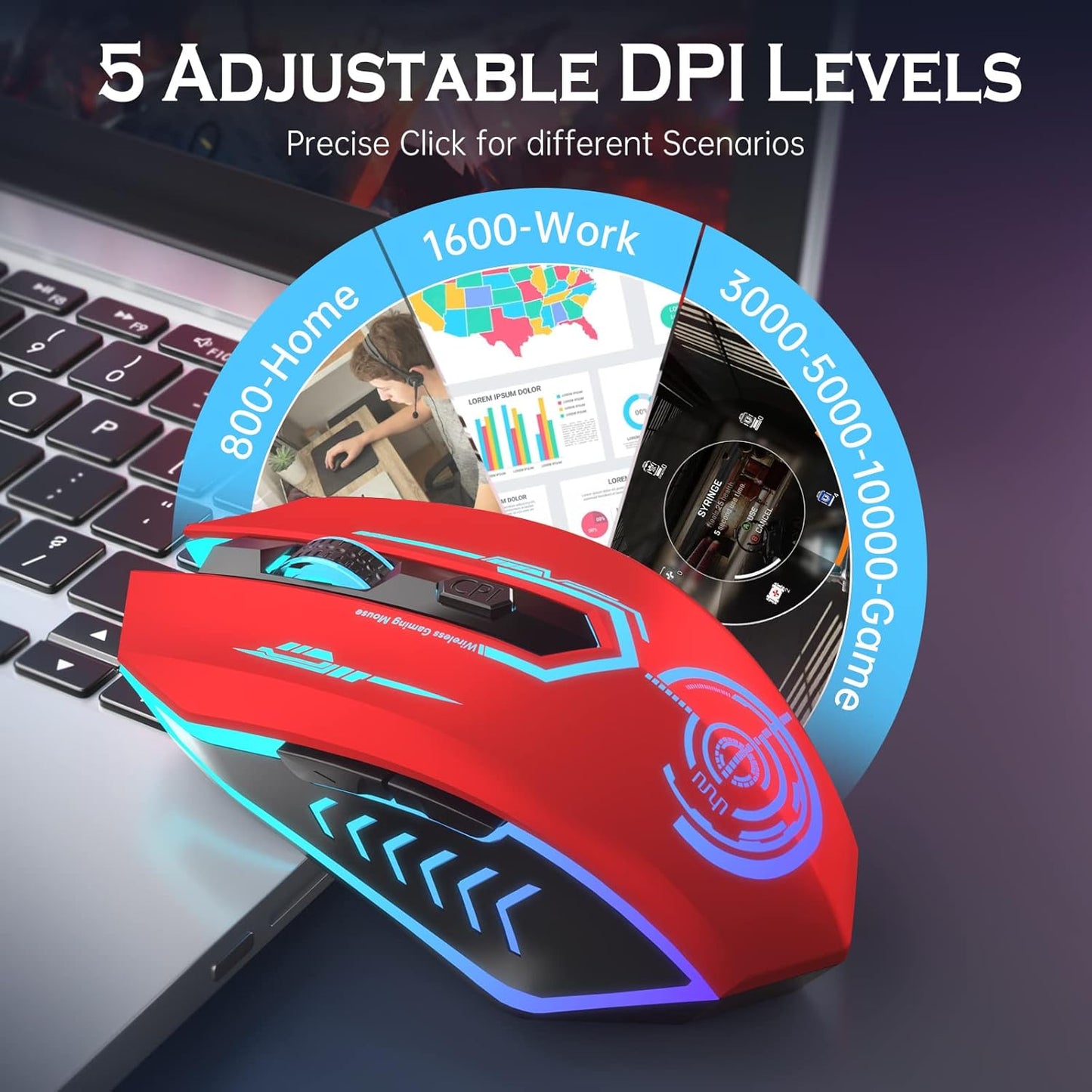 Wireless Gaming Mouse Up to 10000 DPI, UHURU Rechargeable USB Wireless Mouse with 6 Buttons 7 Changeable LED Color Ergonomic Programmable MMO RPG for PC Laptop, Compatible with Windows Mac