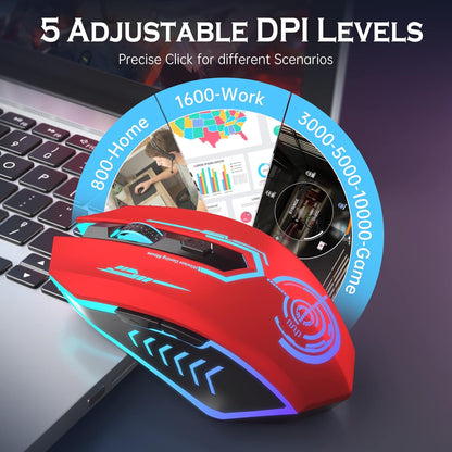 Wireless Gaming Mouse Up to 10000 DPI, UHURU Rechargeable USB Wireless Mouse with 6 Buttons 7 Changeable LED Color Ergonomic Programmable MMO RPG for PC Laptop, Compatible with Windows Mac