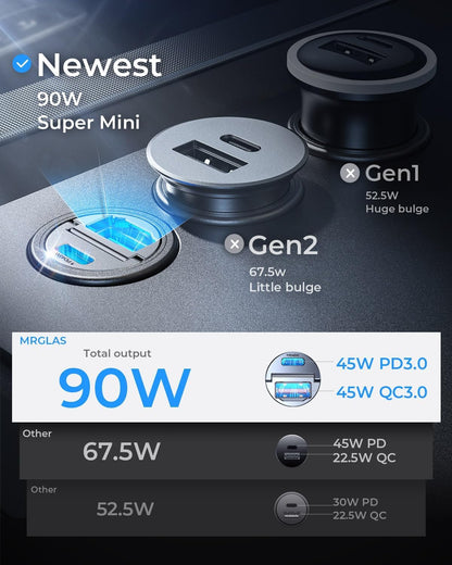 90W USB C Car Charger,[Super Mini Metal] USB C Car Charger Fast Charging Adapter PD+QC3.0 Dual Port MRGLAS Type C Car Cigarette Lighter USB Charger Compatible iPhone 17 16 15 Pro Max Air iPad Samsung