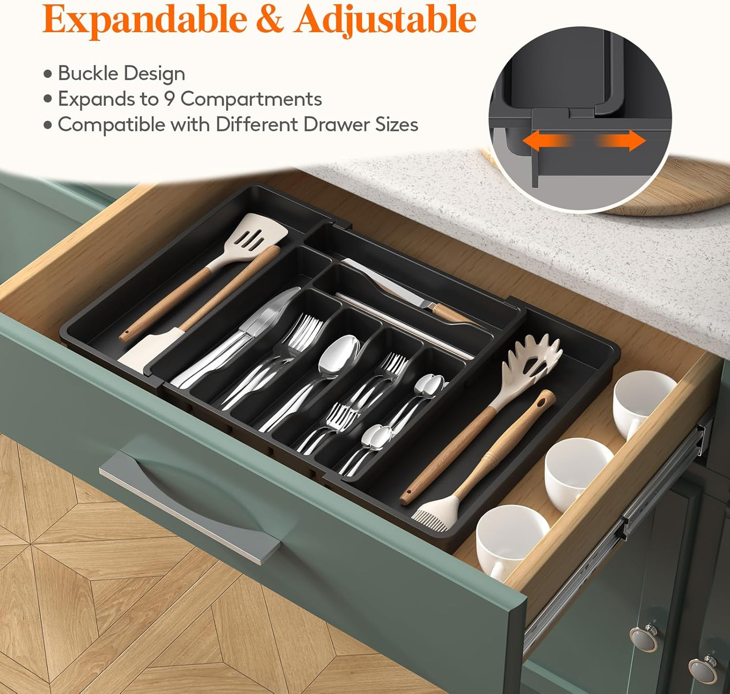 Lifewit Cutlery Organizer, Expandable Utensil Organizer for Kitchen, Utensil Holder, Adjustable Cutlery Rack Organizer for Spoons, Knives, Kitchen Organizers and Storage, Black