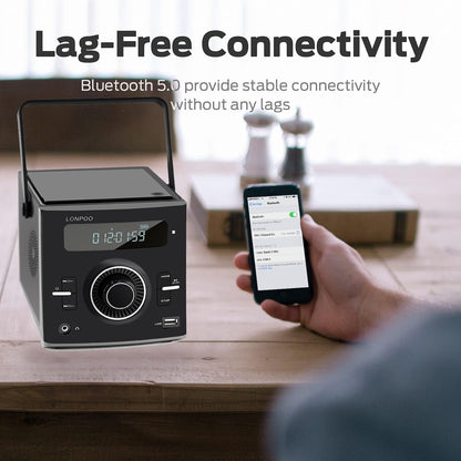 LONPOO Portable CD Player | Stereo Bluetooth Boombox | FM Radio Turn Knob | Auto Lid Open Button | Big LCD Display | Concealed Ports of USB/AUX/Earphone | Rear Power Protection Button (LP-D12)