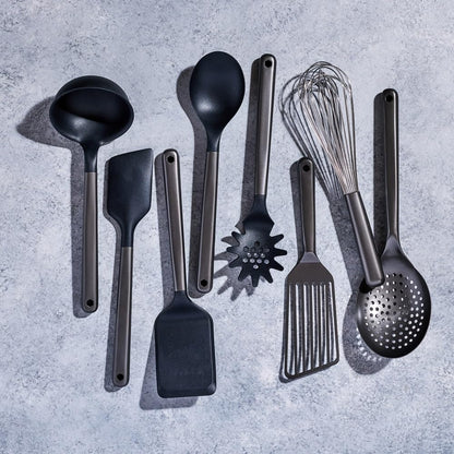 HexClad 9-Piece Kitchen Utensil Set, 9 Stainless Steel & Silicone Tools with a Fingerprint-Resistant Metallic Finish, Heat-Resistant to 450°F, Dishwasher-Safe, Includes Non-Slip Ceramic Crock Holder