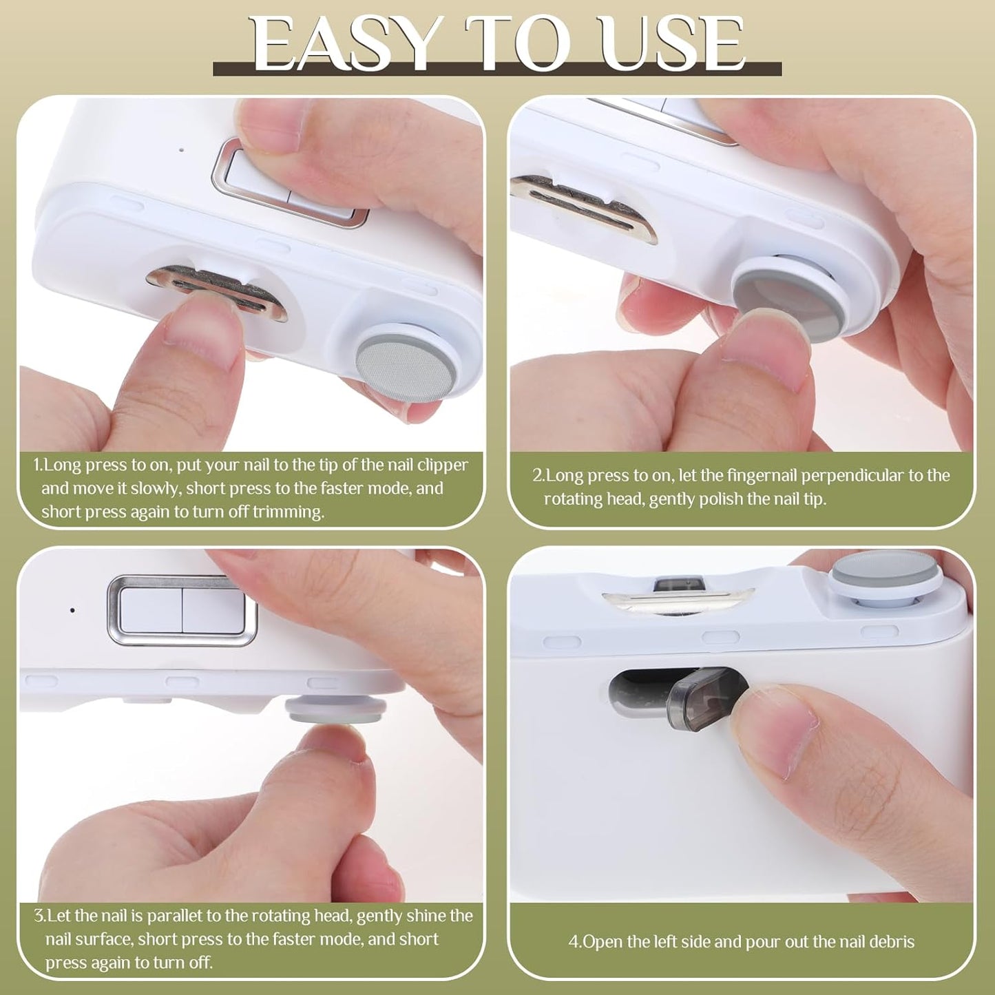 Automatic Electric Nail Clipper 2 in1 Fingernail Cutter and Polisher with LED Light 2 Polish Heads 2 Speeds A Nail Scraps Storage Rechargeable Safety Fingernail Trimmer for Baby Kids Elderly Nail Care