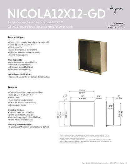 Agua Canada Shower Niche 12”x 12” Single Shelf Organizer Best Modern in Wall Bathroom Accessory for Shower or Tub Storage Insert Holds Soap Bottles Toiletries (GOLD) NICOLA12X12-GD