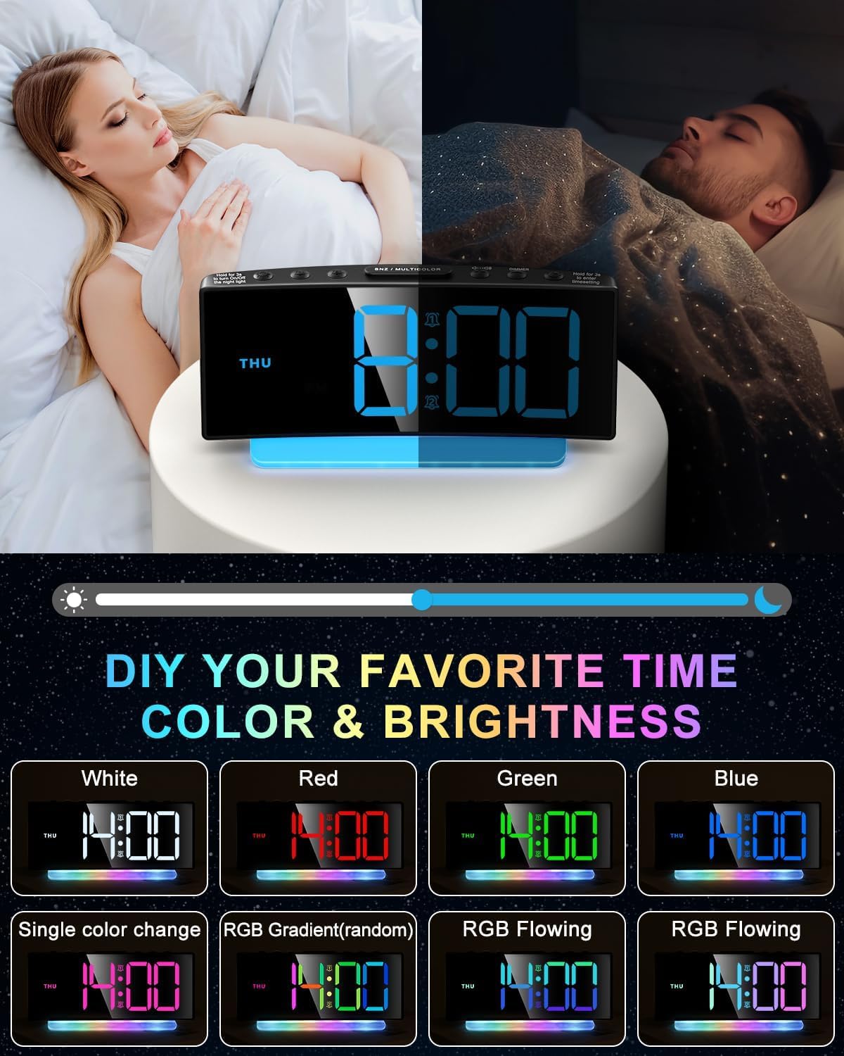 YUNJAYI Kids Alarm Clock for Bedroom, Dynamic RGB LED Digital Clock Large Display with 7 Color Night Lights, Dual Alarm Clocks Bedside, Snooze, 4 Levels Brightness, 3 Volume, 12/24H, Power-Off Memory
