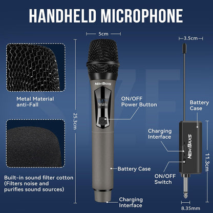 NEWBAXS Wireless Microphones,Dual Karaoke Microphone System,Microfonos Inalambricos with Rechargeable Receiver, Cordless Dynamic Mic Set for Singing, Wedding, DJ, Party, Speech,Micro Matte Gray