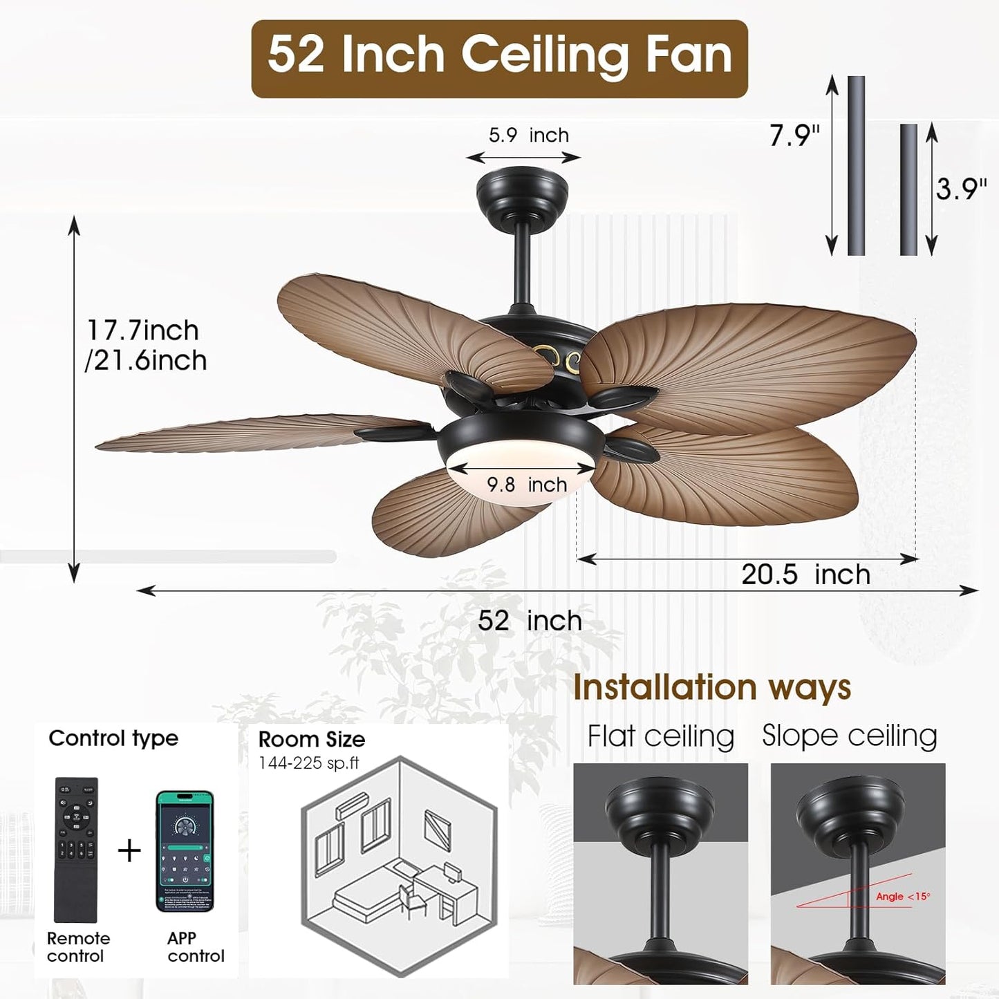Wiviniya Ceiling Fans with Lights and Remote/APP Control, 44 Inch Tropical Palm Leaf Ceiling Fan with LED Lights, Outdoor Ceiling Fans for Patios Porch, Reversible Quiet Motor, Dimmable, Light Brown