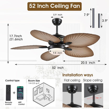Wiviniya Ceiling Fans with Lights and Remote/APP Control, 44 Inch Tropical Palm Leaf Ceiling Fan with LED Lights, Outdoor Ceiling Fans for Patios Porch, Reversible Quiet Motor, Dimmable, Light Brown