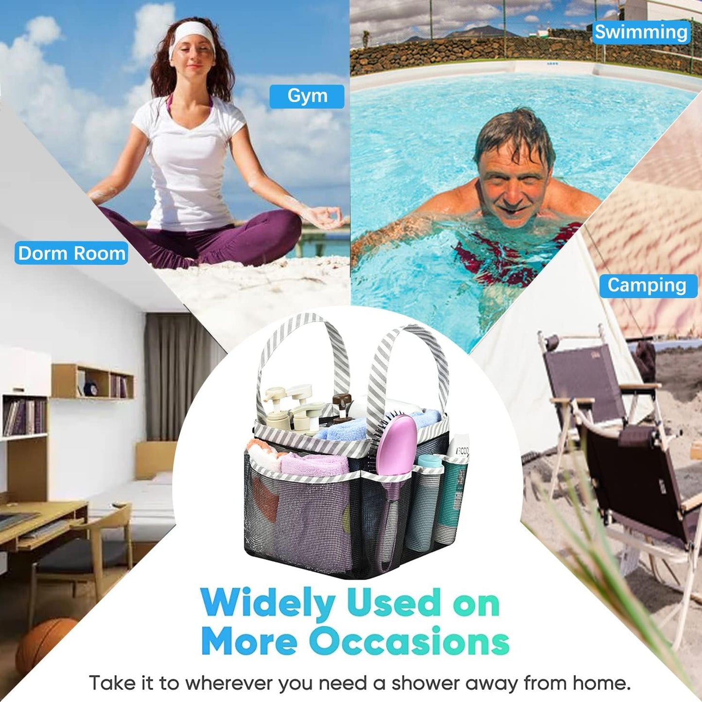 Mesh Shower Caddy Tote, Large College Dorm Bathroom Caddy Organizer with Key Hook and 2 Oxford Handles, Quick Hold, 8 Basket Pockets for Camp Gym