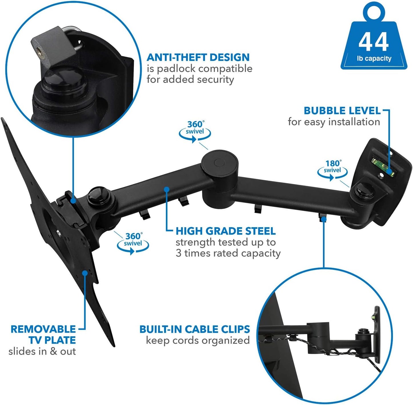Mount-It! TV Wall Mount Bracket | Quick Release | Full Motion Swing Out Tilt Swivel | Articulating Arm for 13-42" Flat Screens and Monitors | VESA 75 to 200 | 44 Pound Capacity | Anti-Theft Locking