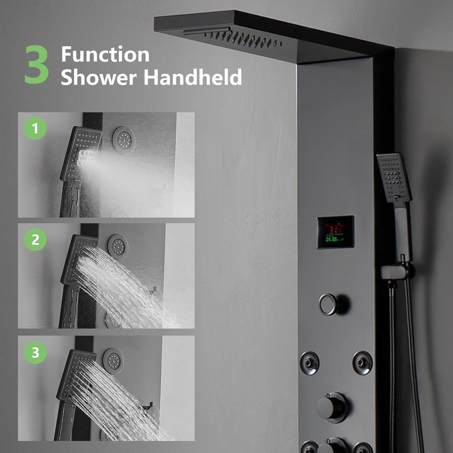 BATHLAVISH LED Black Shower Panels, Shower Tower with Storage Shelf 304 Stainless Steel System with Rainfall Shower Head with Handheld Massage Body Jets Bathroom Matte Black Waterfall Bathtub