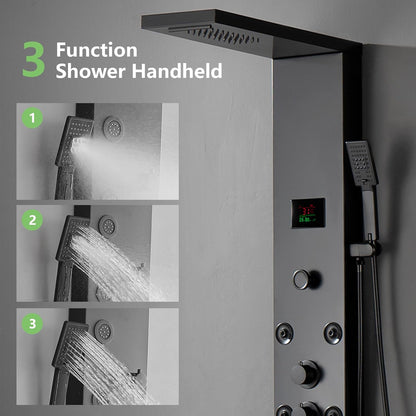 BATHLAVISH LED Black Shower Panels, Shower Tower with Storage Shelf 304 Stainless Steel System with Rainfall Shower Head with Handheld Massage Body Jets Bathroom Matte Black Waterfall Bathtub
