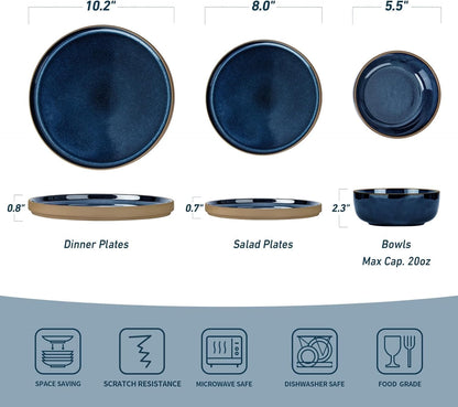 Richmount Nature Plates and Bowls Set, 18 Pieces Dinnerware Sets, Dishware Sets, Dishes Set for 6, Microwave and Dishwasher Safe, Midnight Blue