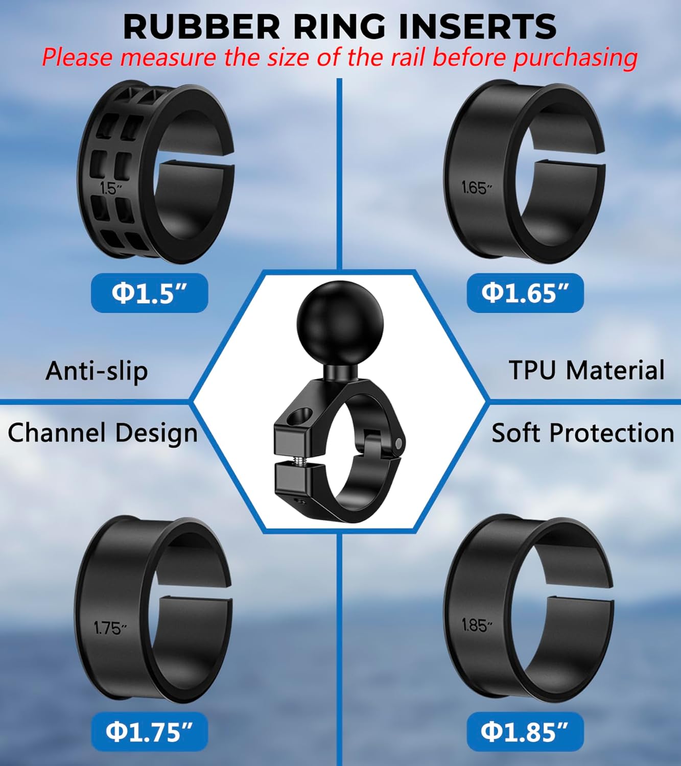 VAZESWIN Aluminum Alloy 1.5" Ball Fish Finder Mount, 5.7" Medium Arm Marine Electronic Mount with Bar Clamp Base, Fit 1.5" 1.65" 1.75" 1.85" 2" Round Rails, for Garmin, Lowrance, Humminbird, Raymarine