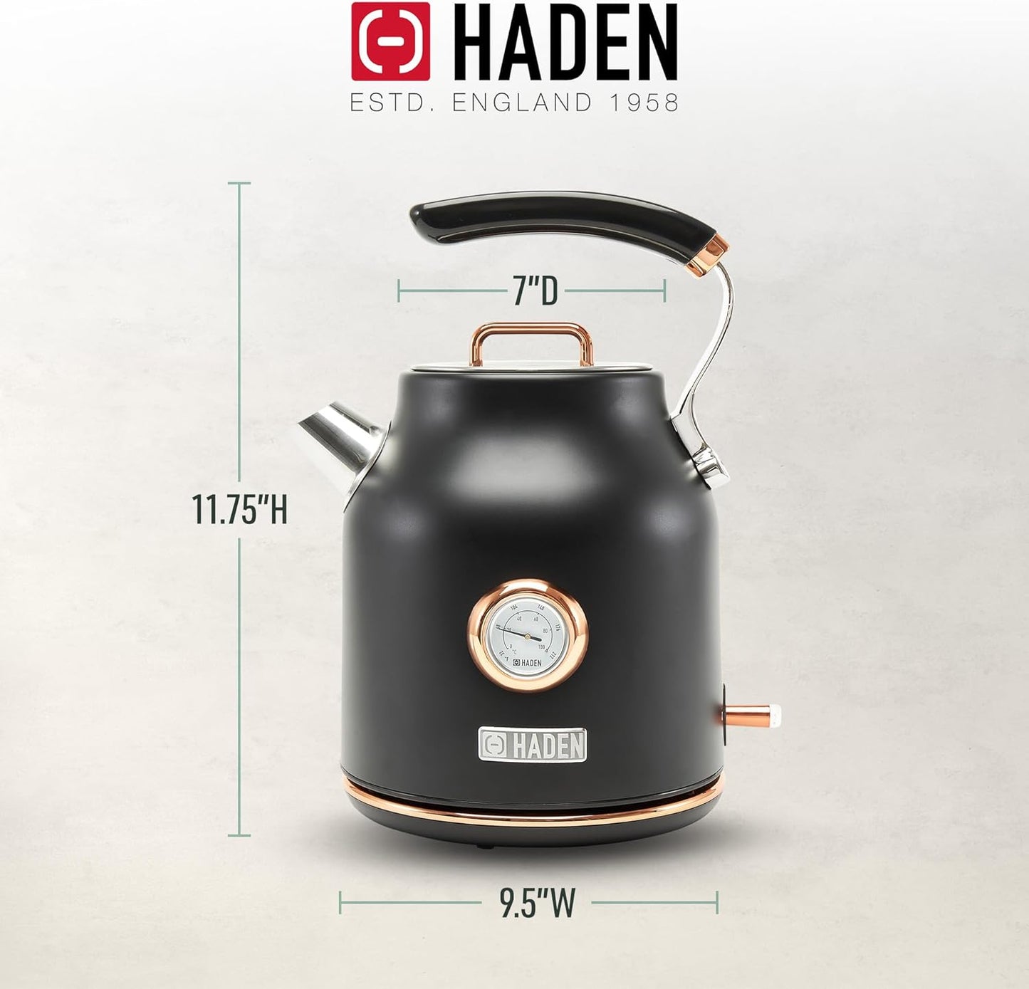 Haden Dorset 75070 Retro Stainless Steel Tea Kettle, 1500W Hot Water Kettle Electric Kettles for Boiling Water, 1.7L Black/Copper Electric Tea Kettles Automatic Shut Off, Boil-Dry Protection Tea Pots