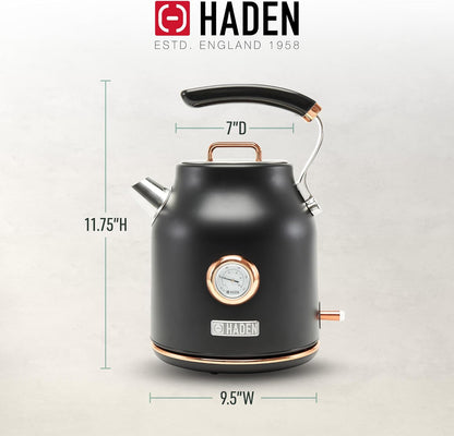Haden Dorset 75070 Retro Stainless Steel Tea Kettle, 1500W Hot Water Kettle Electric Kettles for Boiling Water, 1.7L Black/Copper Electric Tea Kettles Automatic Shut Off, Boil-Dry Protection Tea Pots