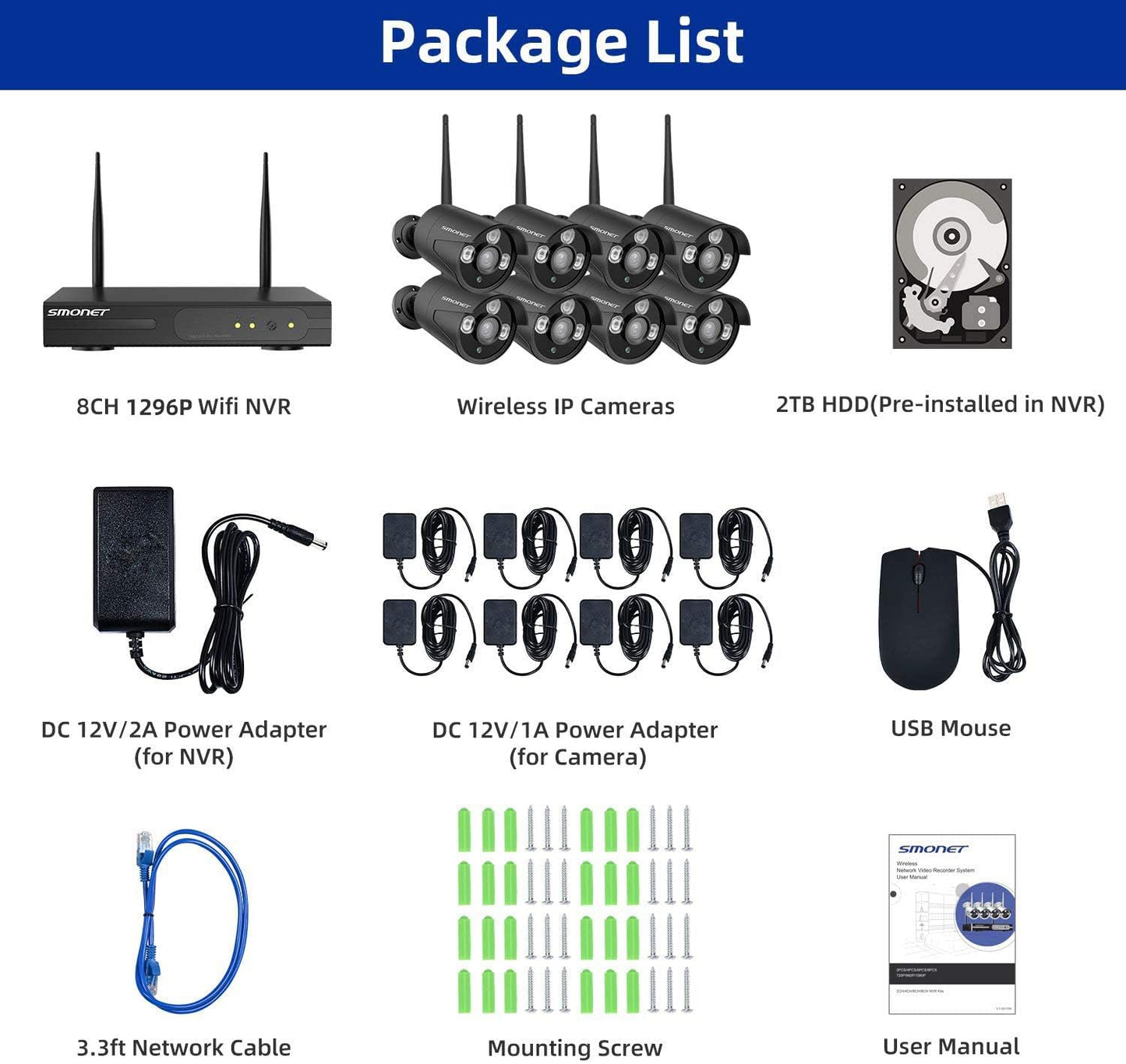 Wireless Security Camera System,SMONET 1080P 8 Channel Home Surveillance DVR Kits with 8pcs 2MP Full HD Cameras 3TB HDD Night Vision Motion Detection Free App for Indoor Outdoor 24/7 Video Recording