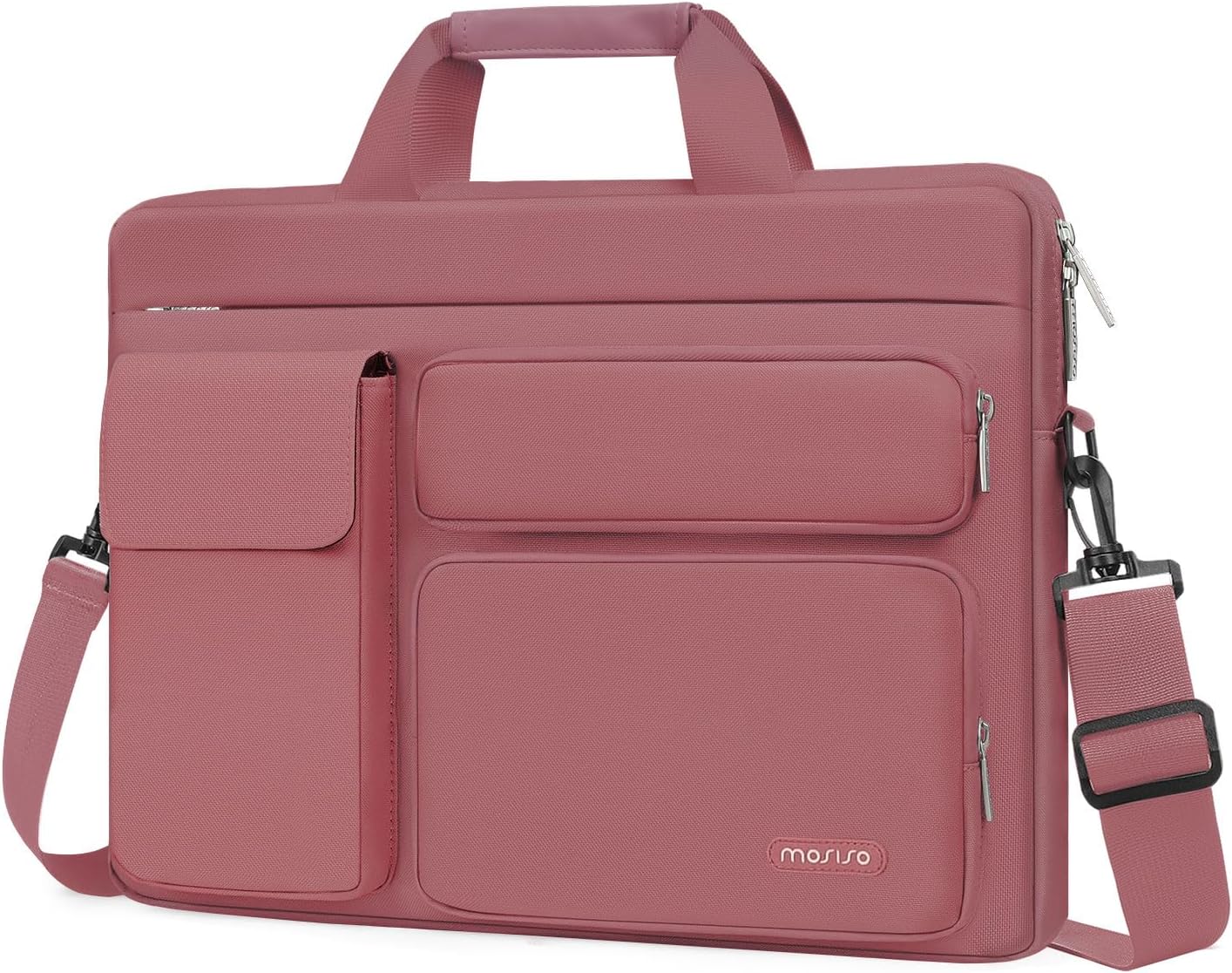 MOSISO Laptop Bag 16 inch, 15-15.6 inch Computer Shoulder Bag Compatible with MacBook Air 15 M4 M3 M2/Pro 16 M4 M3 M2 M1, Notebook &2 Raised&1 Flapover&1 Horizontal Pocket&Handle&Belt, Pink - PuriLite