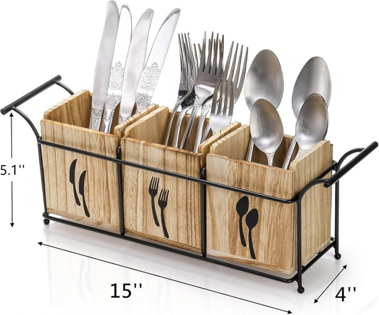 Tebery Wooden Utensil Holder with Handle, 3-Compartment Countertop Flatware and Cutlery Organizer, Metal Tray for Forks, Spoons, Knives, and Kitchen Gadgets, Black - PuriLite