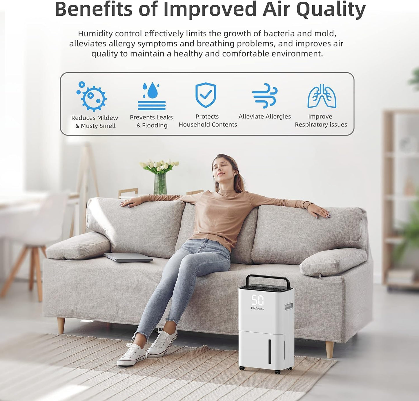 HOGARLABS 32 Pints Home Dehumidifier for Basement Continuous Dehumidify, Intelligent Humidity Control,Smart Dehumidifier with Drain Hose for Liveroom, Bedroom & Bathroom.