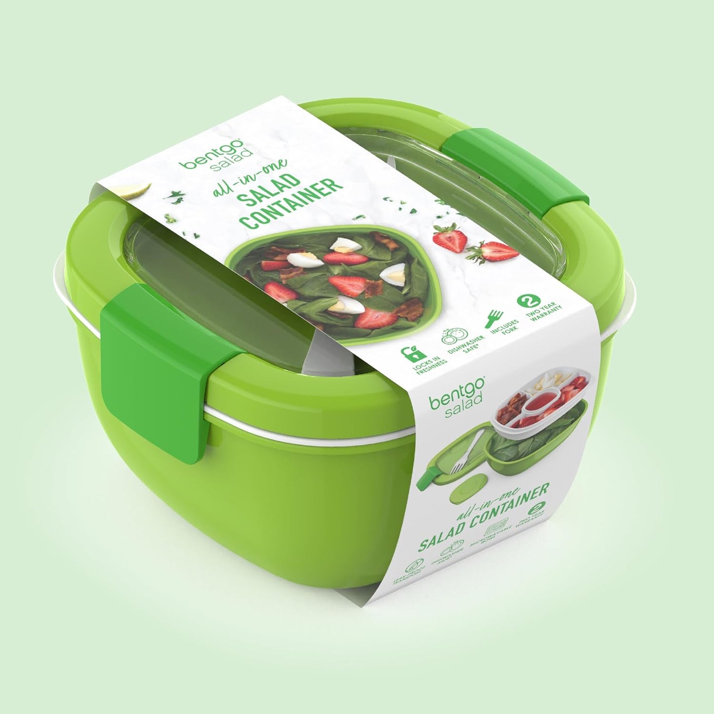 Bentgo Salad - Stackable Lunch Container with Large 54-oz Salad Bowl, 4-Compartment Bento-Style Tray for Toppings, 3-oz Sauce Container for Dressings, Built-in Reusable Fork & BPA-Free (Khaki Green)