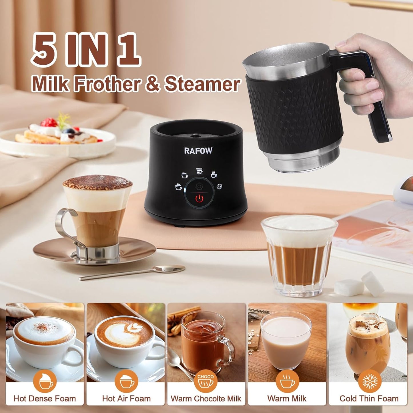 Milk Frother Electric Milk Steamer - 5 in 1 Coffee Frother 350ml Automatic Frother Hot & Cold Foam Maker and Milk Warmer Dishwasher Safe & Silent Working for Coffee,Latte,Cappuccino,Hot Chocolate