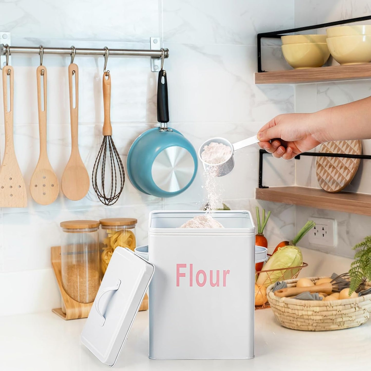 YOUEON 10 Lbs Metal Rice Storage Container, Square Rice Canister with Lid and Measuring Scoop, Countertop Sealed Food Storage Container for Cereal, Beans, Pet Food, White