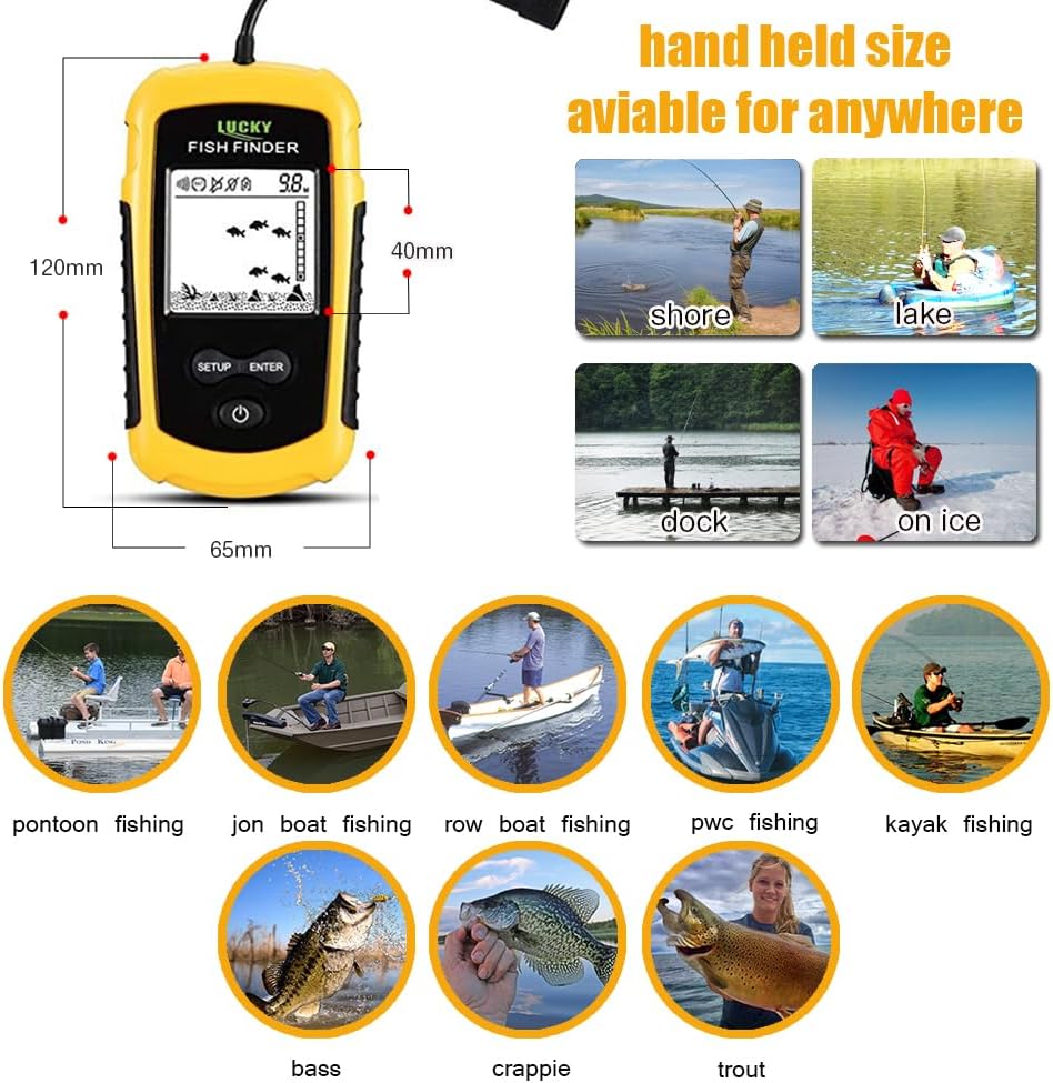 Lucky Kayak Handheld Fish Finder Sonar LCD Wired Fish Finder Transducer Boat Water Depth Finders Display FF1108-1
