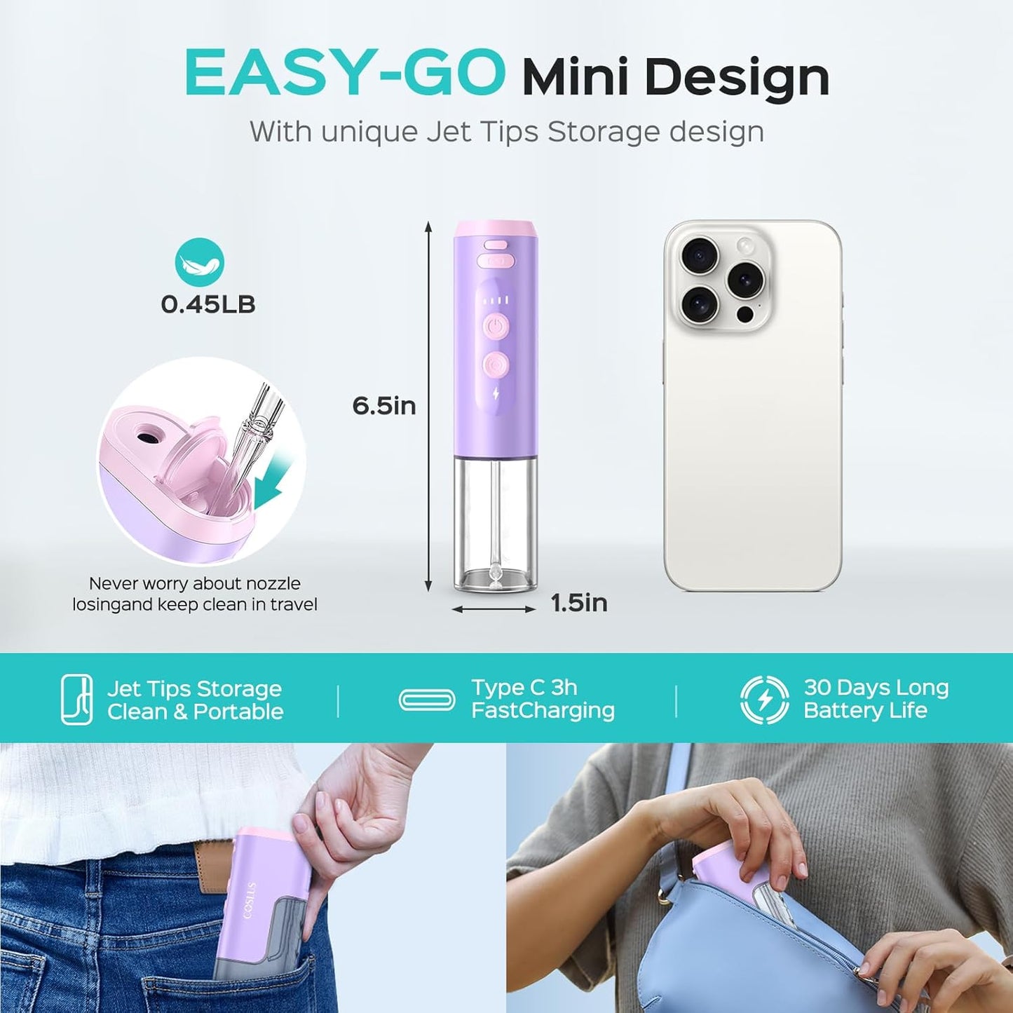 COSLUS Portable Water Flosser for Travel: Mini Water Flossers For Teeth Quick Clean, 4 Modes & Removable Tank for Family, Nozzle Storage, Cordless Compact Design One The Go Use, IPX7 Waterproof, Black